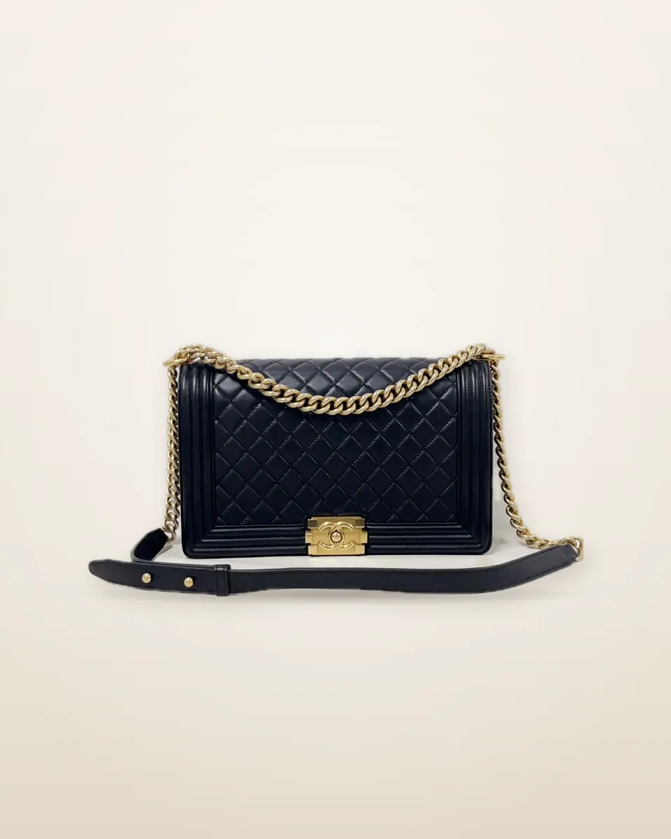 Chanel New Medium Boy Flap Bag in Black Quilted Lambskin, Aged Gold Hardware