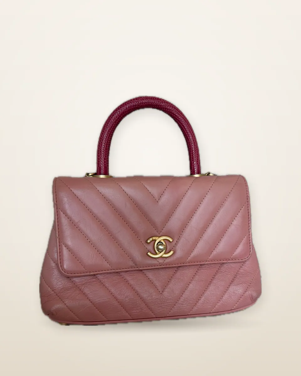 Chanel Small Coco Handle in Pink Chevron Calfskin with Fuchsia Lizard Handle