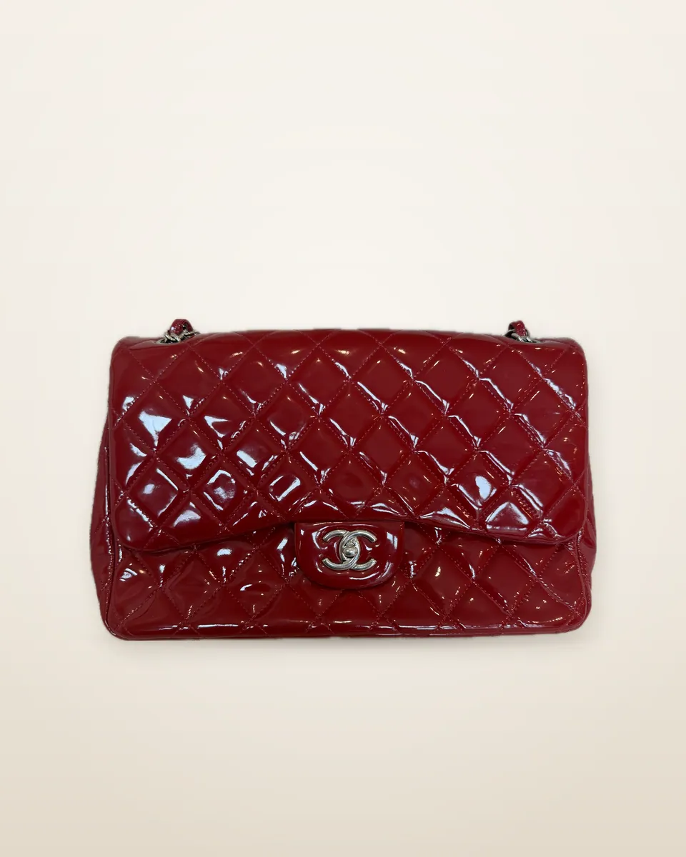 Chanel Jumbo Classic Double Flap in Burgundy-Red Quilted Patent Leather
