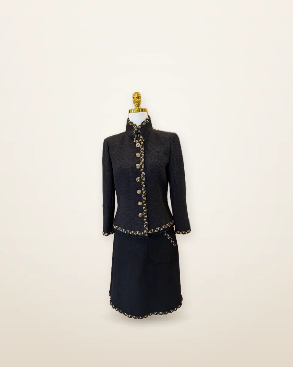 Chanel Black Tweed Skirt Suit with Jeweled CC Buttons